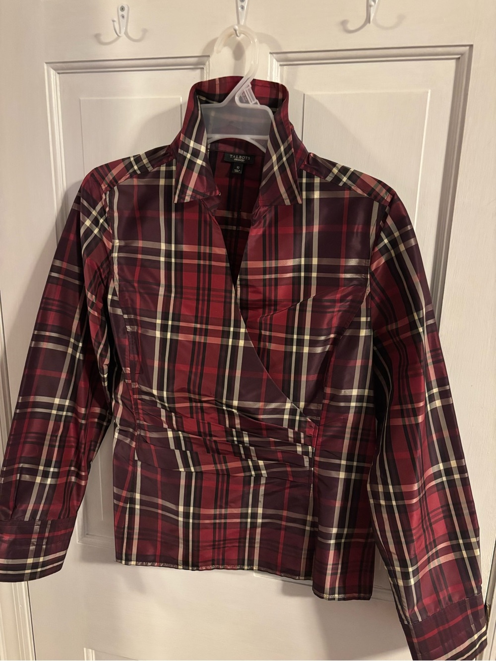 Talbots Red and Black Plaid Wrap-Style Silk Shirt